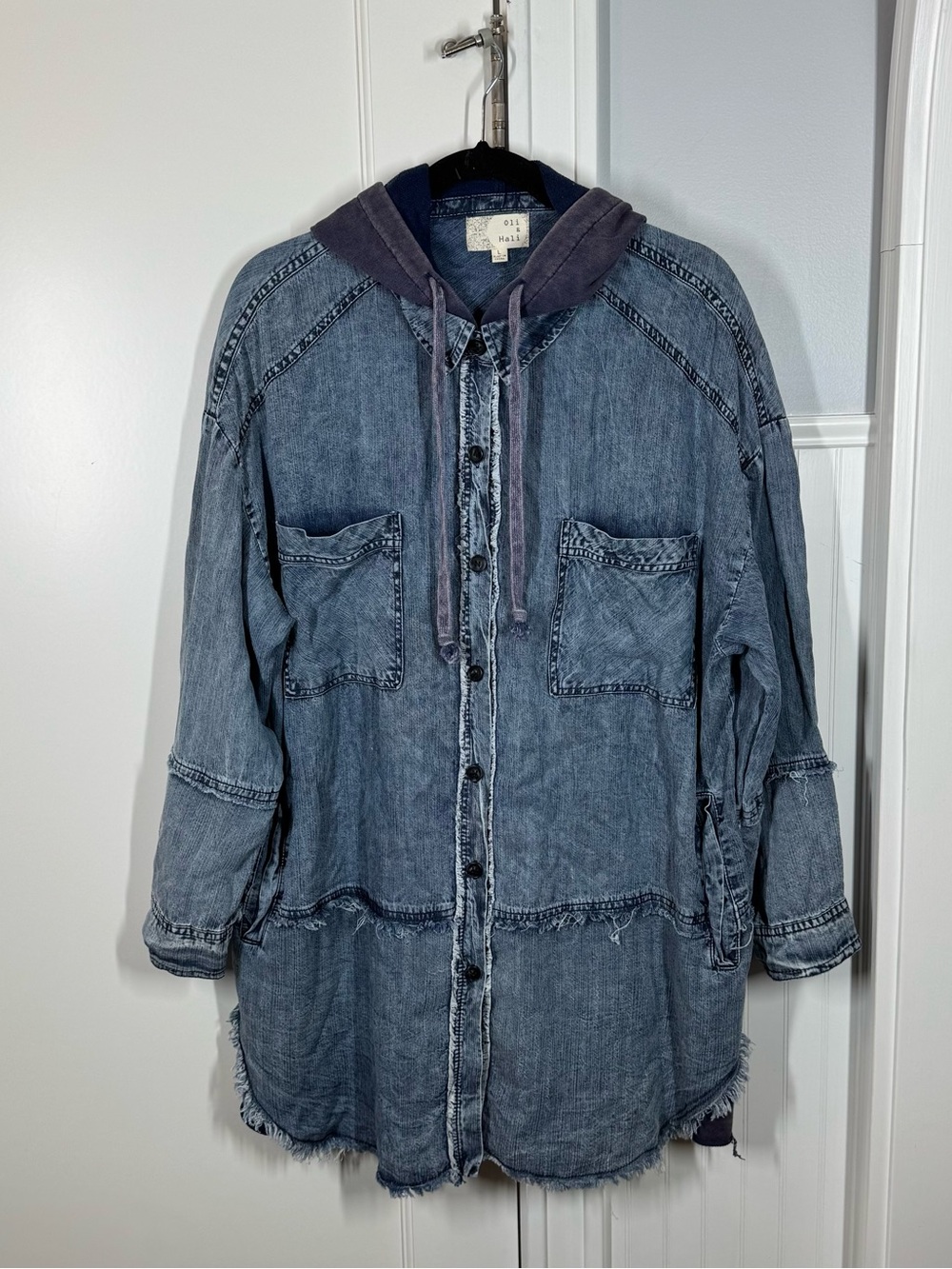 Oli & Hali Denim Hoodie Jacket Size Large Blue Frayed Hem Layered Hood Lagenlook